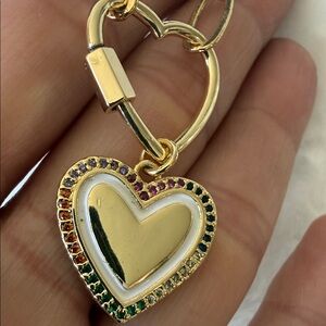 14K Gold-Plated Chain with Heart Pendant Necklace with Multicolor Stones